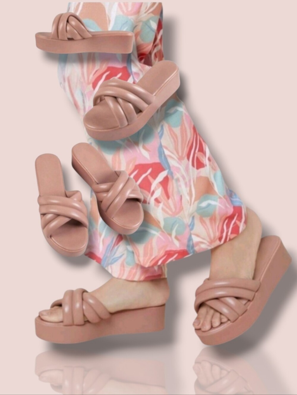 Women's Dusty Pink Vegan Learher Padded Slip-On Platform Sandals